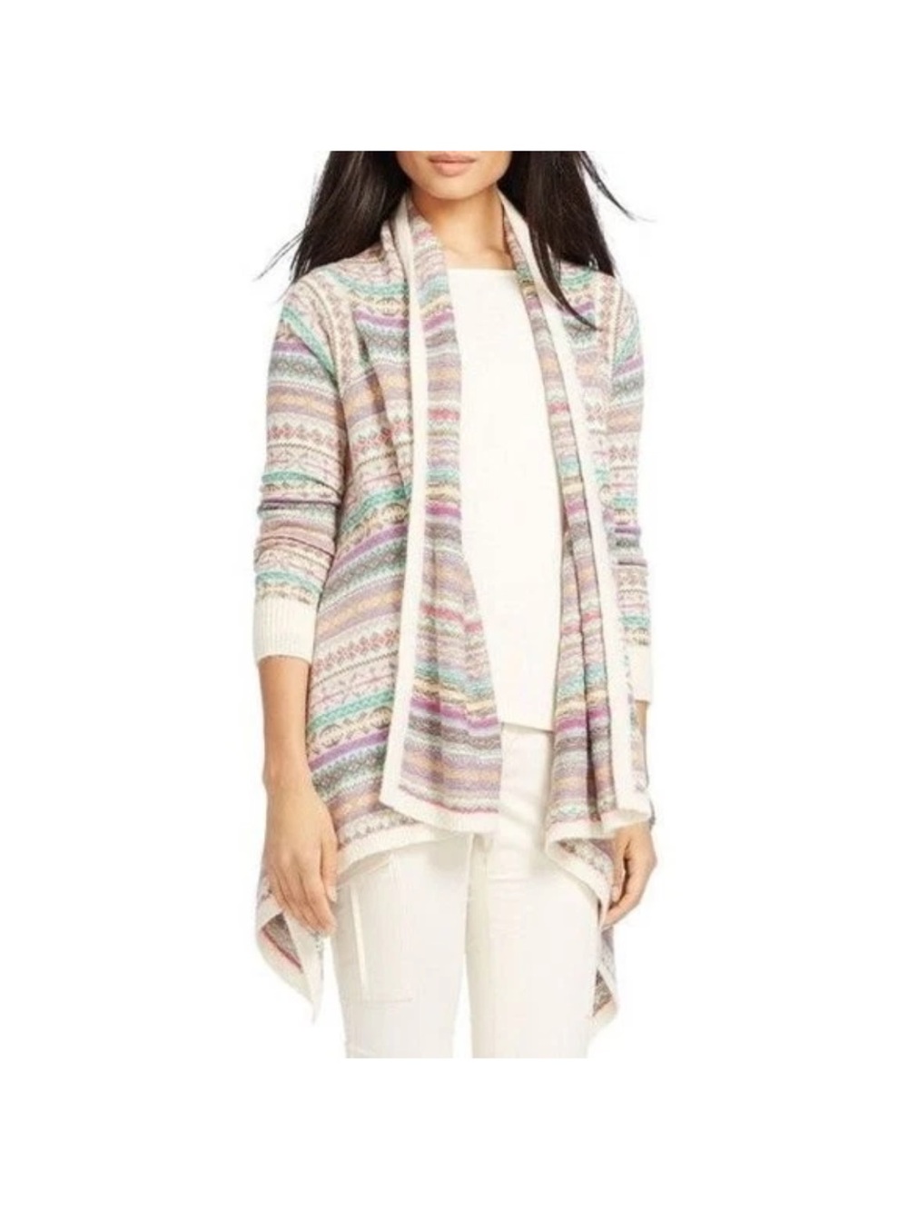Lauren Ralph Lauren Cream Open-Front Fair Isle Cardigan with Pastel Stripes